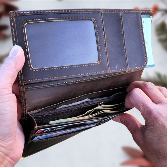 Genuine Leather Wallet with Window ID, Rustic Brown, Woman Full-Length Wallet - Picture 2 of 4